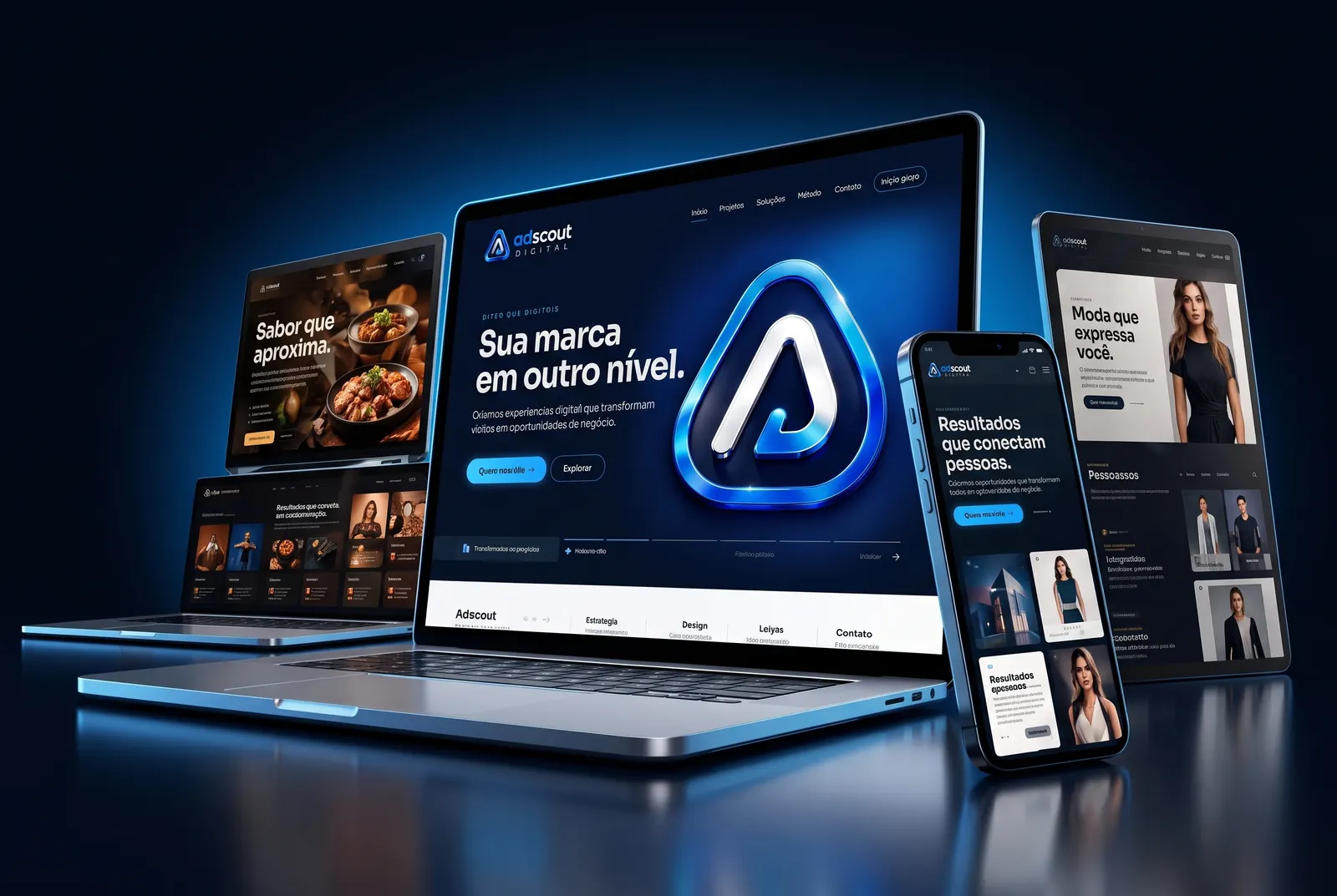 Notebook, tablet e celulares mostrando sites criados pela adscout: restaurante, moda e a página da própria agência