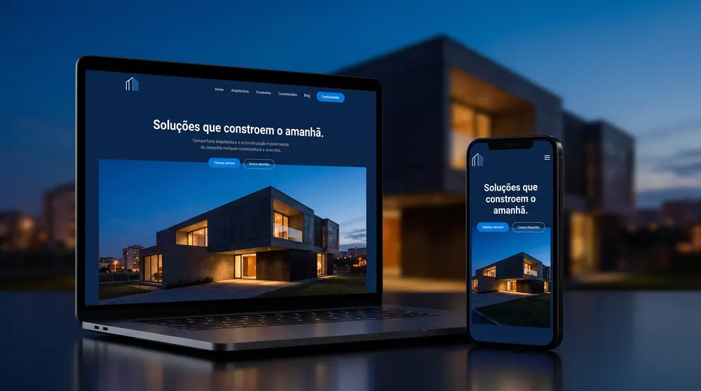 Notebook e celular mostrando o site conceito de uma construtora, com o título Soluções que constroem o amanhã e um prédio moderno