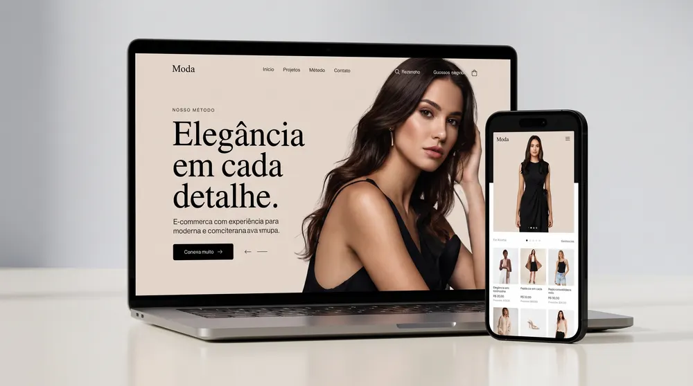 Notebook e celular mostrando a loja virtual conceito de moda, com o título Elegância em cada detalhe e uma modelo de vestido preto
