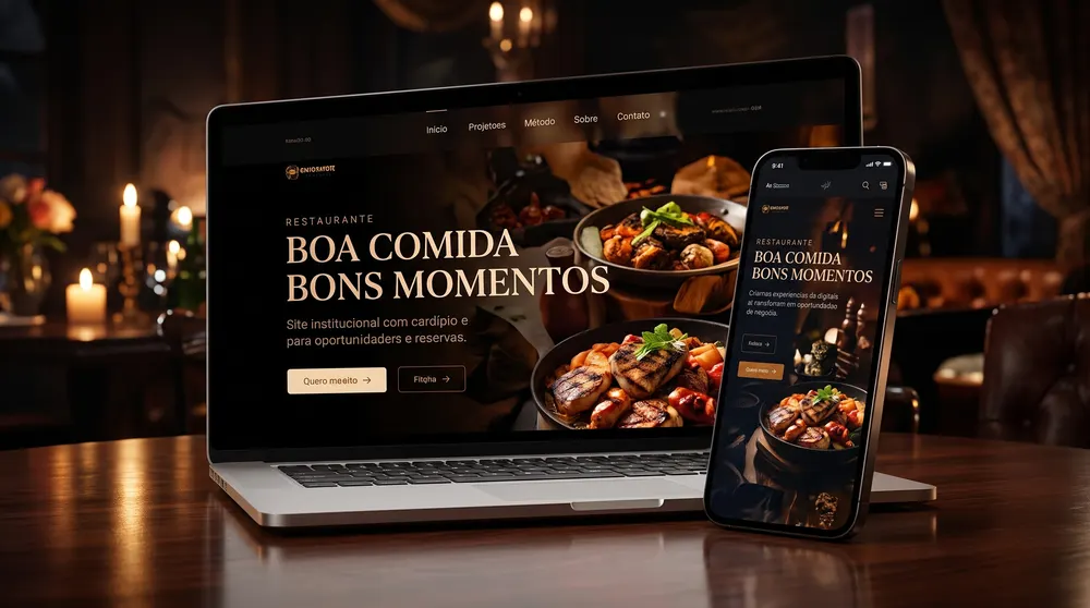 Notebook e celular mostrando o site conceito de um restaurante, com o título Boa comida, bons momentos e fotos de pratos